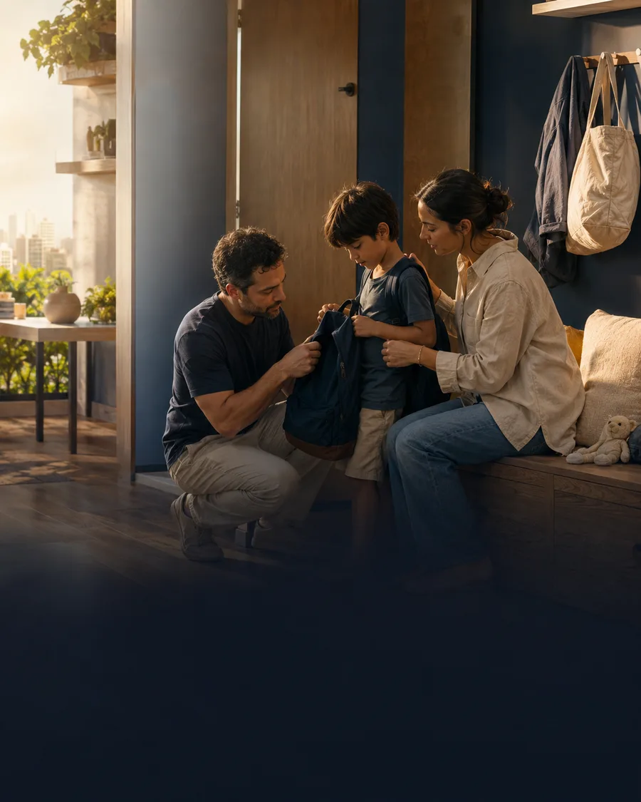 Família brasileira em casa, em um momento tranquilo do dia a dia